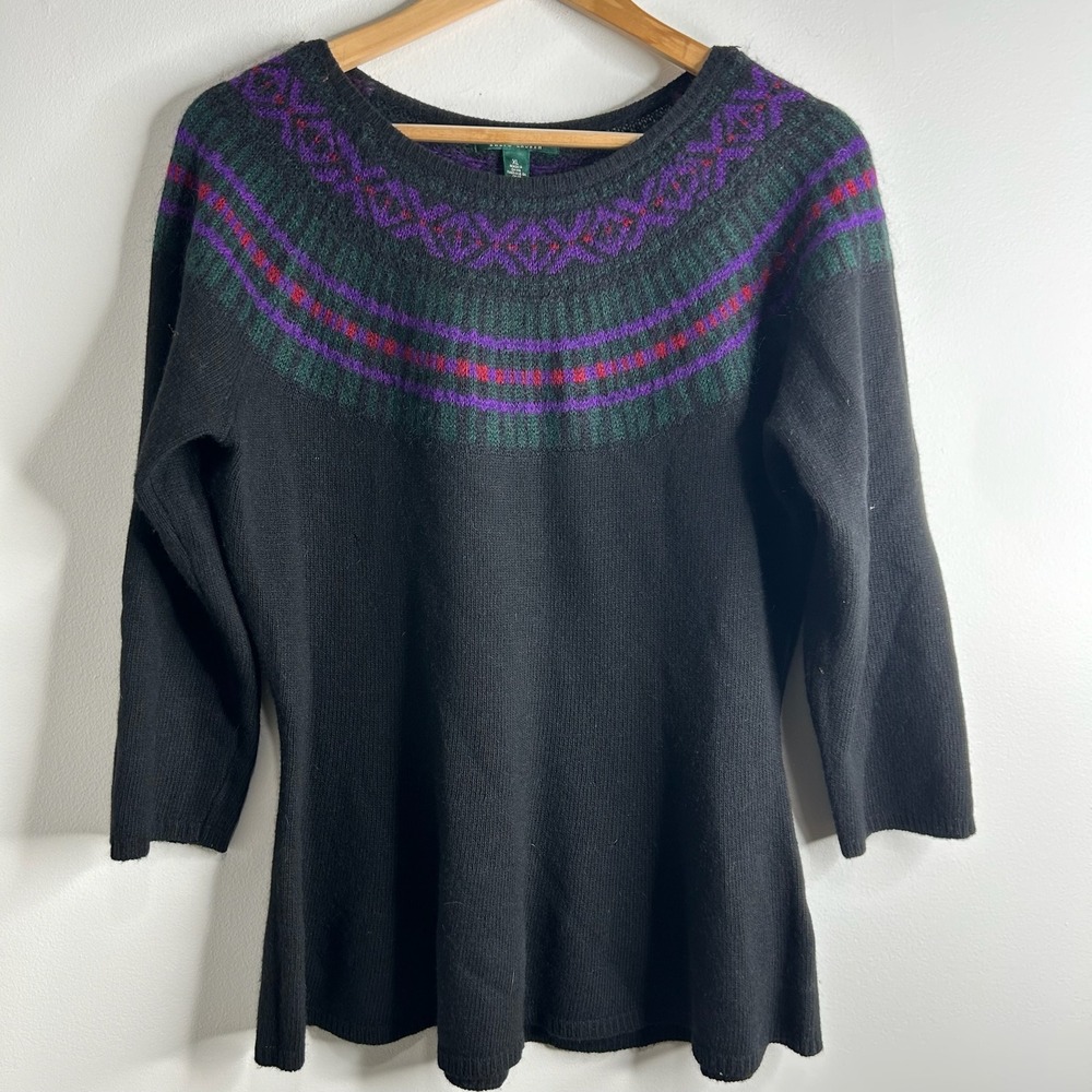 Lauren Ralph Lauren‎ Women Black Fair Isle Knit Sweater XL Mohair Wool Cashmere